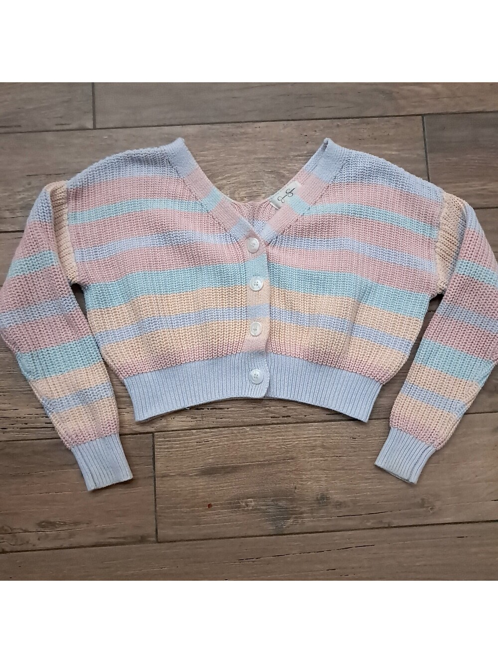 Jessica Simpson Cardigan sweater sz M Medium Cropped Pastel Striped rainbow